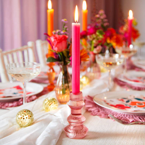Ribbed Pink Glass Candle Holder