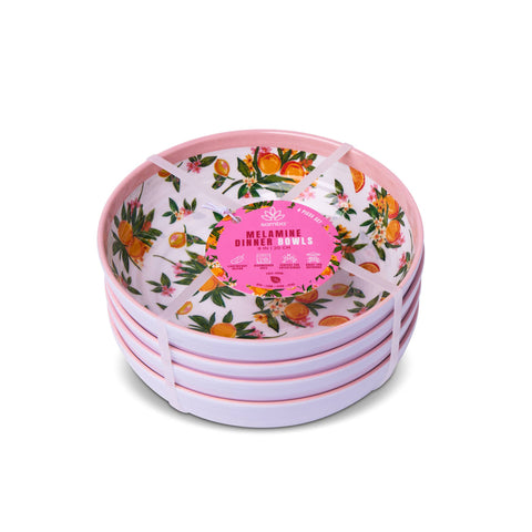 Set of 4 Melamine Dinner Bowls - Pink Lemons