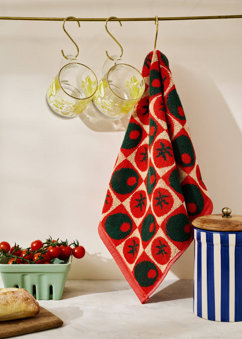 Heirloom Heat Checked Olive and Tomato Cotton Terry Cloth Towel