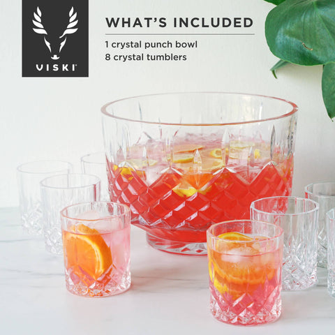 Viski Crystal Punch Bowl and Tumblers Set of 9