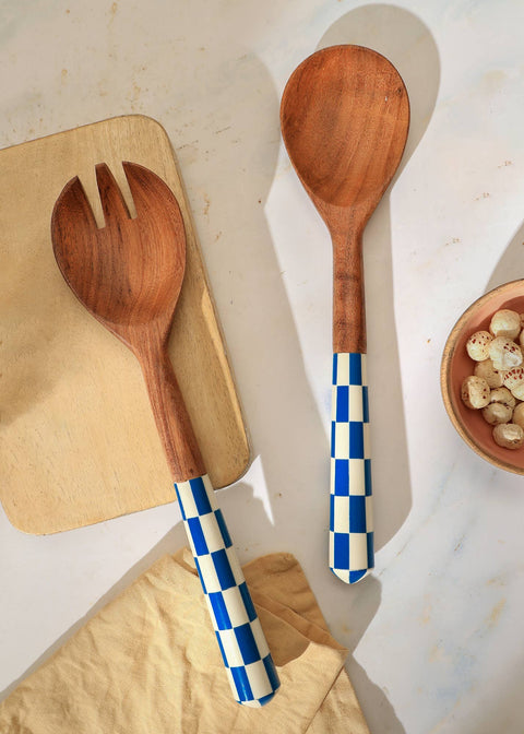 Checkered Salad Server (Blue & White) Set of 2