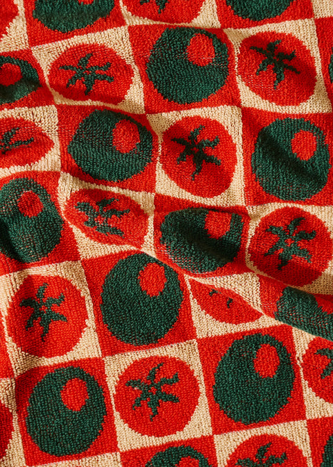 Heirloom Heat Checked Olive and Tomato Cotton Terry Cloth Towel