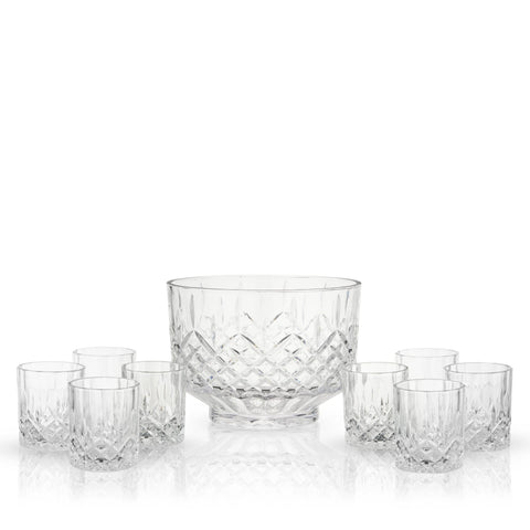 Viski Crystal Punch Bowl and Tumblers Set of 9