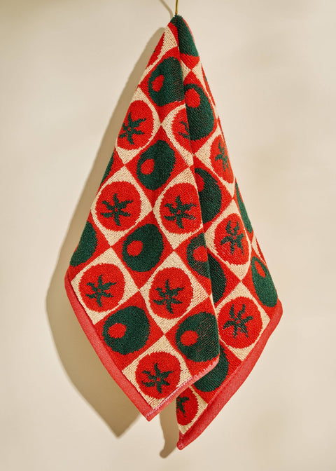 Heirloom Heat Checked Olive and Tomato Cotton Terry Cloth Towel