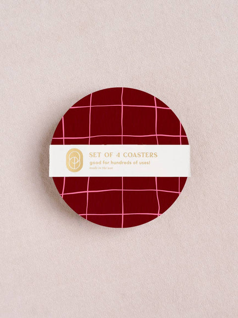 Pink and Burgundy Windowpane Plaid Coaster - Set of 4