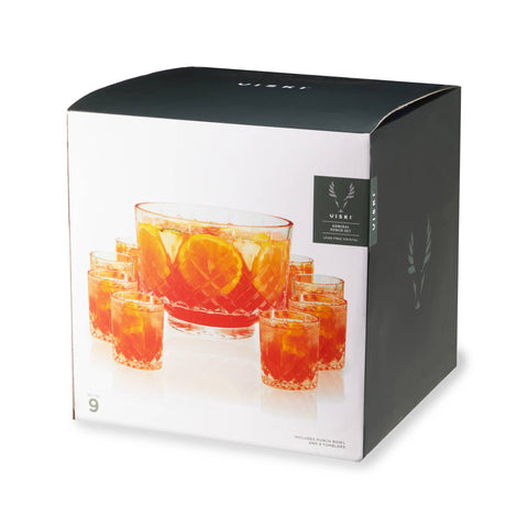 Viski Crystal Punch Bowl and Tumblers Set of 9