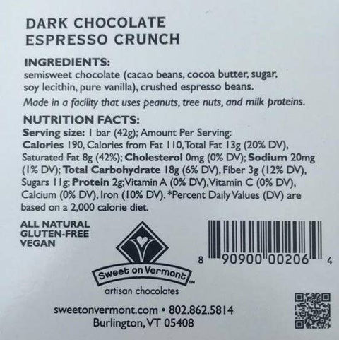 Moonlight In Vermont Chocolate Bars - Dark Espresso Crunch