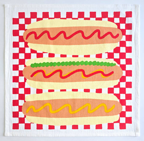 Julie Peach Hot Dog! Tea Towel