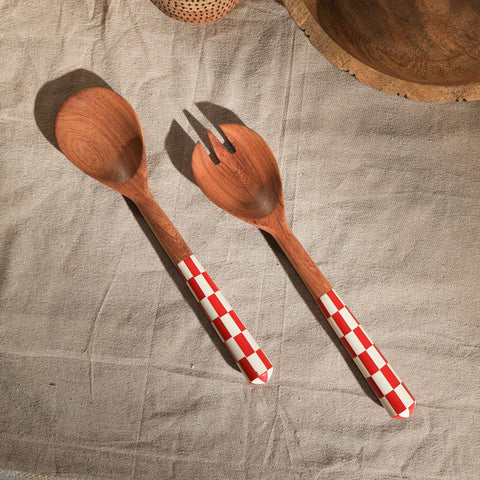 Checkered Salad Server (Red & White) Set of 2