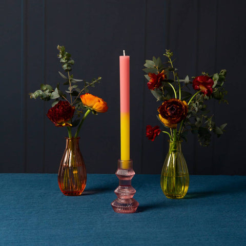 Ribbed Pink Glass Candle Holder
